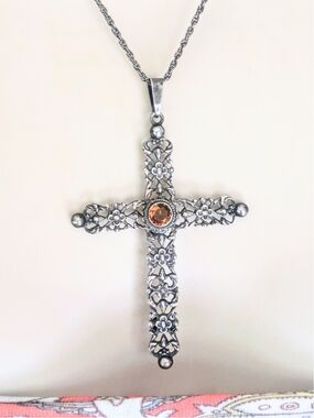 Antique PERUZZI 800 SILVER Ornate Pierce Work Citrine Cross & Chain Necklace